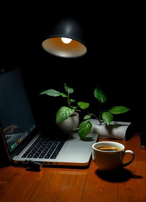 Laptop, plants, and coffee on a wooden desk