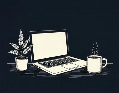 A laptop, plant, and cup of coffee are on a desk