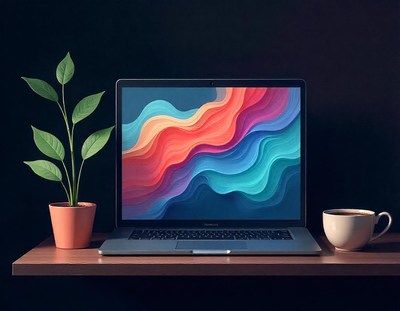 A laptop sits on a desk with a plant and coffee