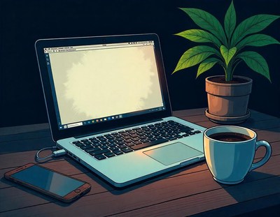 Open laptop on desk with coffee and a plant