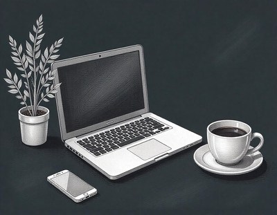 A laptop, phone, and coffee cup on a desk
