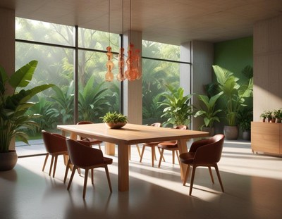 Wooden dining table in a home with garden views