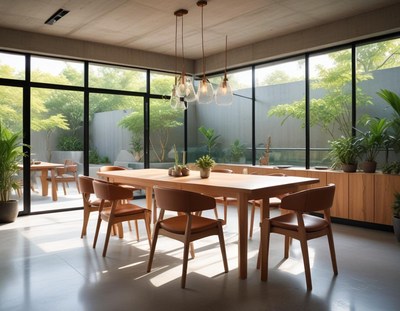 A modern dining room with large windows overlooking a patio