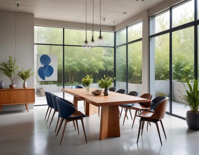 Modern dining room with wooden table and blue chairs
