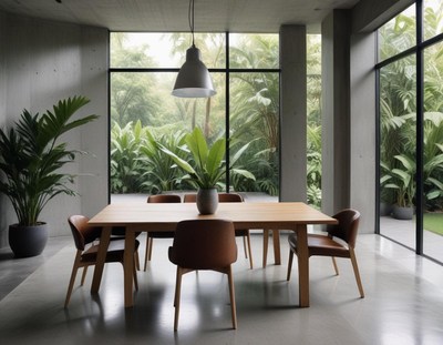 Dining room with a wooden table, garden view