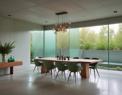 Modern dining room with a view of a lush garden