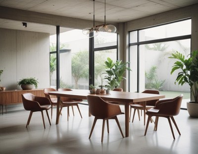 A modern dining room with a wooden table and chairs