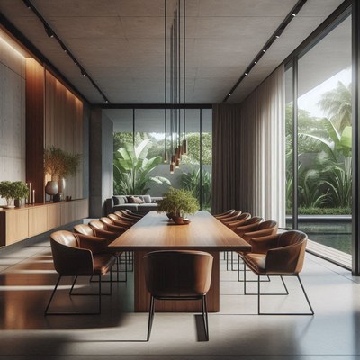 Modern dining room with a long wooden table