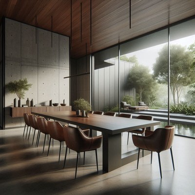 A modern dining room with a large table and leather chairs
