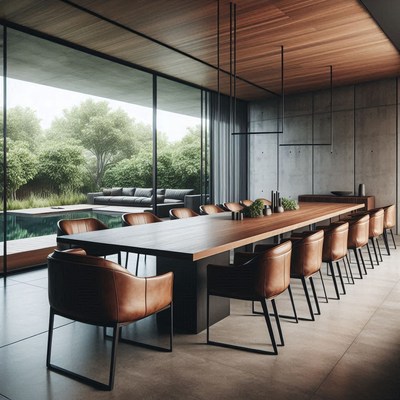 Modern dining room with a wooden table and leather chairs