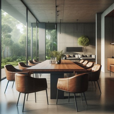 Modern dining room with a wooden table and leather chairs