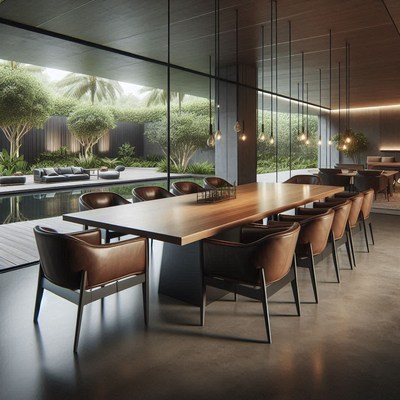 Modern dining room with wooden table and leather chairs