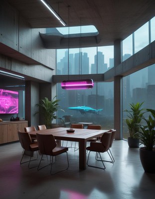 A futuristic dining room with a view of the city skyline