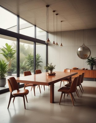 Modern dining room with a large wooden table and chairs