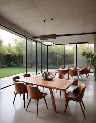 A modern dining room with large windows overlooking a garden
