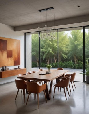 A modern dining room with a large wooden table