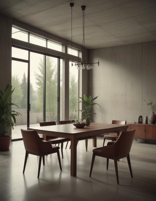Modern dining room with garden-view windows