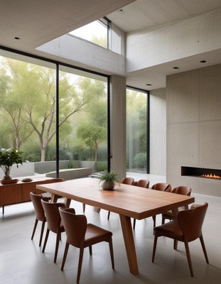 Wooden dining table in a modern home with big windows
