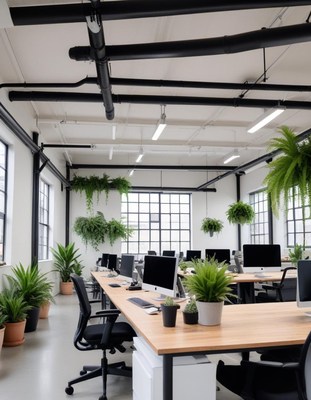 A modern office with exposed pipes and natural light