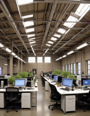 A modern office with skylights and plants
