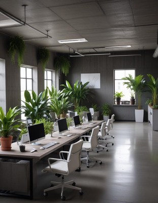 A modern office with a long table and many plants