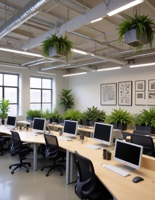 A modern office with wood desks and hanging plants
