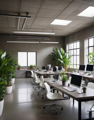 A modern office with large windows and concrete floors
