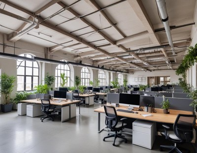An empty office space with large windows