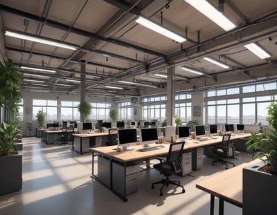 An office with rows of desks and computers