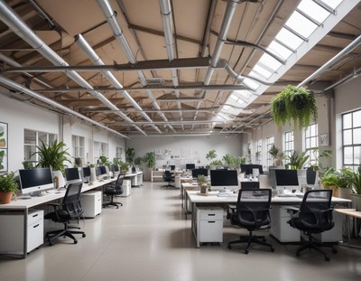 A modern office space with large windows and lots of plants