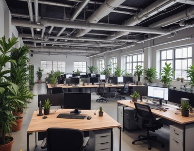 Modern office with big windows, plants, minimalist style