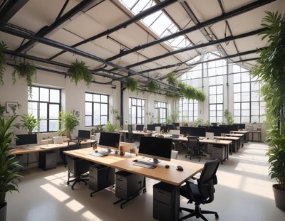 A modern office space with large windows and plants