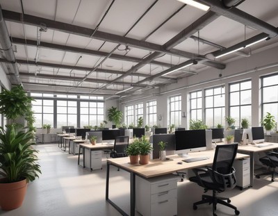 A modern office with large windows and a bright, open layout