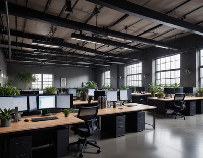 A modern office space with workstations and large windows