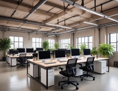 A modern office with large windows and computers