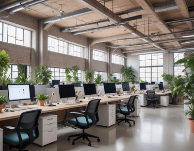 A modern office space with large windows