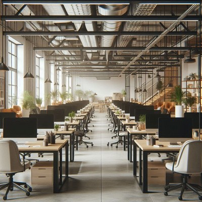 A modern office with rows of desks and chairs