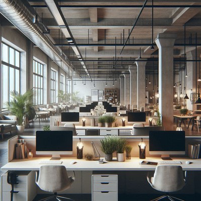 A modern office with large windows and exposed beams