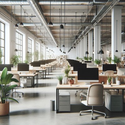 A modern office space with rows of desks and computers