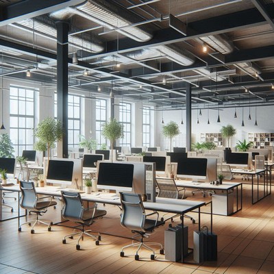 An empty office with desks and computers ready for work