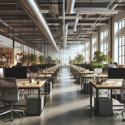 An empty office space with rows of desks
