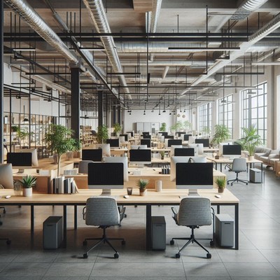 A modern office with large windows and many workstations