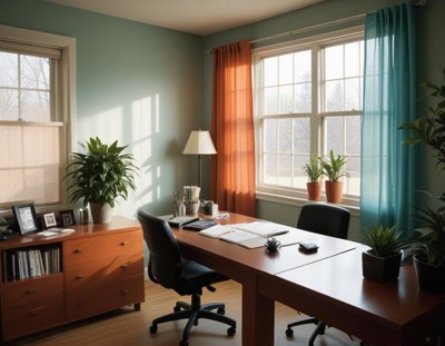 A desk with two chairs sits in a home office