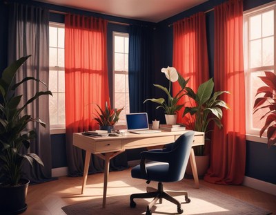 A home office with red curtains and a desk near a window