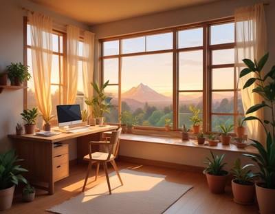A home office with a view of a mountain at sunset