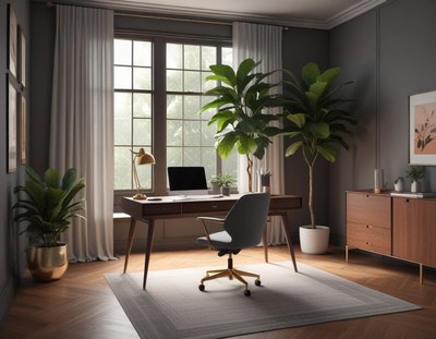 A home office with a desk, chair, and plants
