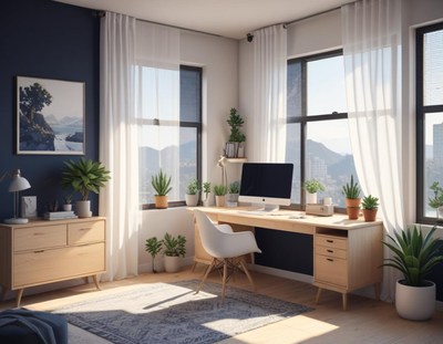 Bright home office with wooden desk and white curtains