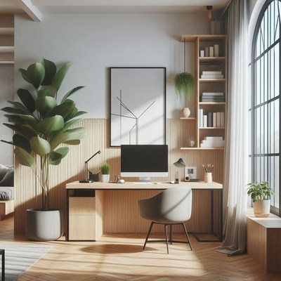 A modern home office with a large window and a desk