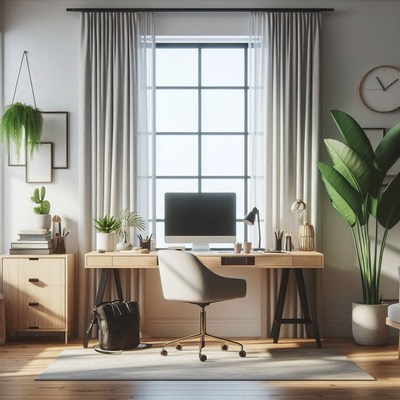 A modern home office with a desk, chair, and plants