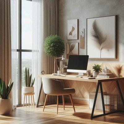 A modern home office with a desk, chair, and plants
